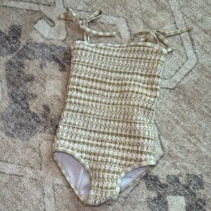Rylee + cru gingham tan smocked one piece swimsuit